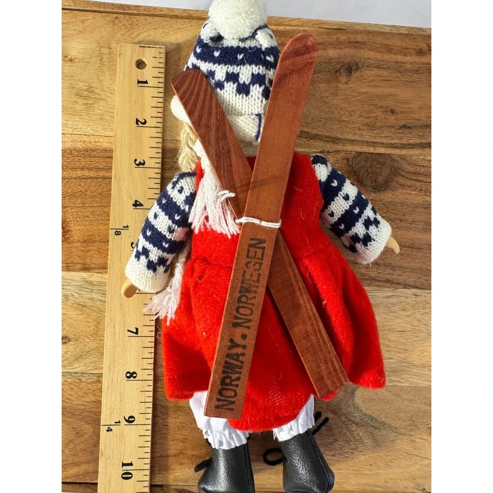 Vtg Bisque Scandinavian Girl Doll Norway Christmas Red Dress Knit Cap Wood Skiis